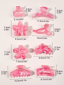 8个/套 ABS大理石纹理粉色一品红半圆蝴蝶结方形发爪夹，多种尺寸，沙滩度假风发饰 女士发夹 休闲发夹 优雅发卡 花朵发夹 夏季穿搭 - 8件組-玫粉色系 - 查看 4