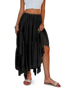 Women's Summer Boho Maxi Skirt Asymmetric High-Low Hem Flowy Casual Long Skirt - Black - View 4