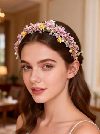 Handgjort blommigt kristallpärlpannband, lyxigt blommigt brudhuvudbonad med krona, lämpligt för formella tillfällen, fester, bröllop