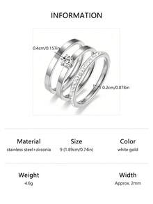 3pcs Set Modern Minimalist Fashion Versatile Sparkling Cubic Zirconia Round Ring Set, Stainless Steel Rings Suitable For Women To Match Daily Outfits And Party Accessories, Great Gift