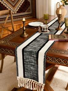 1 Piece Middle Eastern Islamic Style Geometric Zigzag Woven Table Runner, Black/White/Yellow Pattern With Fringed Edge, Durable Woven Material Table Decor, Ideal For Ramadan Festival & Traditional Dining Room, Matching With Carved Wooden Table & Copper Tea Set To Create Rich Cultural Atmosphere - Multicolor - View 10