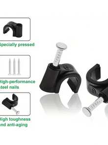 100pcs 1/4 Inch (6mm) Heavy Duty J-Type Clips With Nails, Ethernet Cable Management Solution - Black - View 6