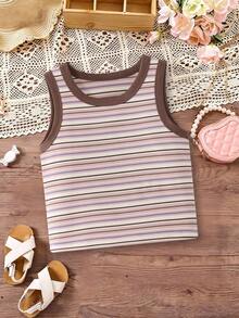 Cute Striped Crew Neck Tank Top, Minimalist And Fashionable, Suitable For Casual Everyday Wear In Spring And Summer - Pink - View 3