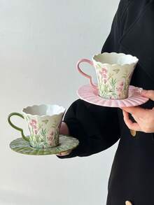 1pc Floral Design Coffee Cup & Saucer Set, High-Quality Ceramic Mug, Breakfast/Milk Cup, Birthday/Housewarming Gift For Her - Multicolor - View 6