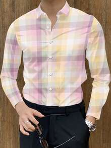 Men's Casual Fashion Button-Down Collar Printed Shirt, Long Sleeve Casual Stylish Shirt For Spring & Autumn - Pink - View 4