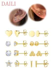 DAILI 18K金耳钉套装，钛金属医用钢耳钉，适合多个耳洞，低过敏性，花朵心形球形立方氧化锆耳钉，女士款
