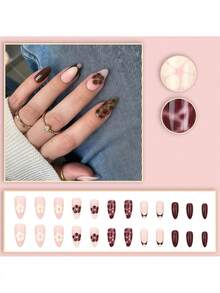 24片法式杏仁形美甲贴：深棕色花朵+豹纹 – 纯粹氛围魔法 - 彩色 - 查看 4