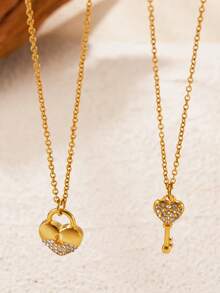 Colar Banhado a Ouro 18K de Aço Inoxidável com Pingente de Chave e Cadeado Decorado com Cubic Zircônia, Corrente Delicada para a Clavícula, Presente de Joias da Moda para Mulheres - Ouro amarelo - Visão 8