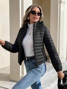 Women's Minimalist Hooded Down Jacket With Pockets, Suitable For Spring, Autumn And Winter - Black - View 4