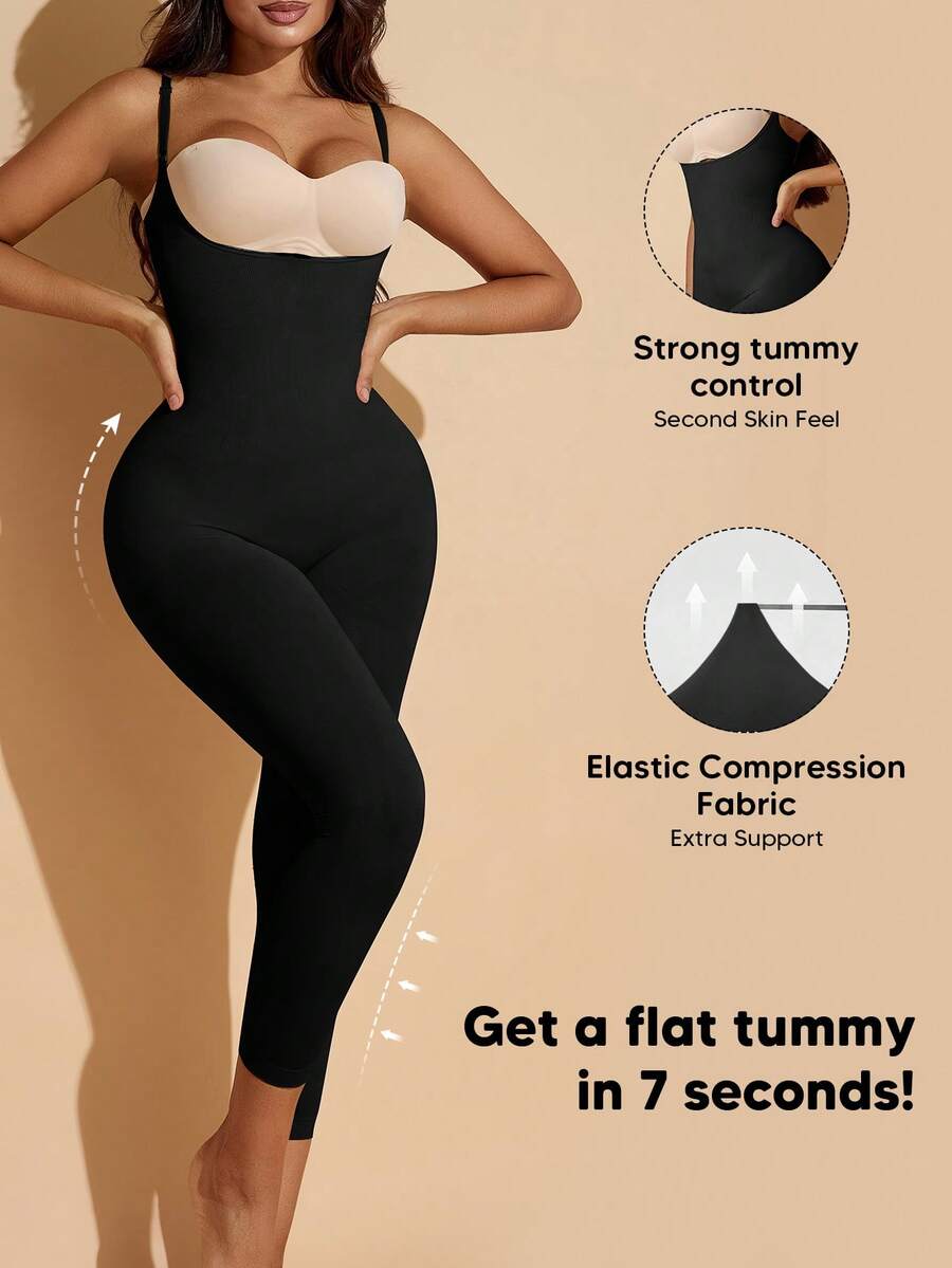 Suprenx 女士纯色穿孔简约修身连体裤，休闲日常穿着 - 黑色 - 查看 1