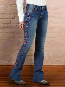 Women's Floral Embroidered Flared Boot Cut Jeans, Boho Vintage Denim Pants - 藍色 - 查看 1