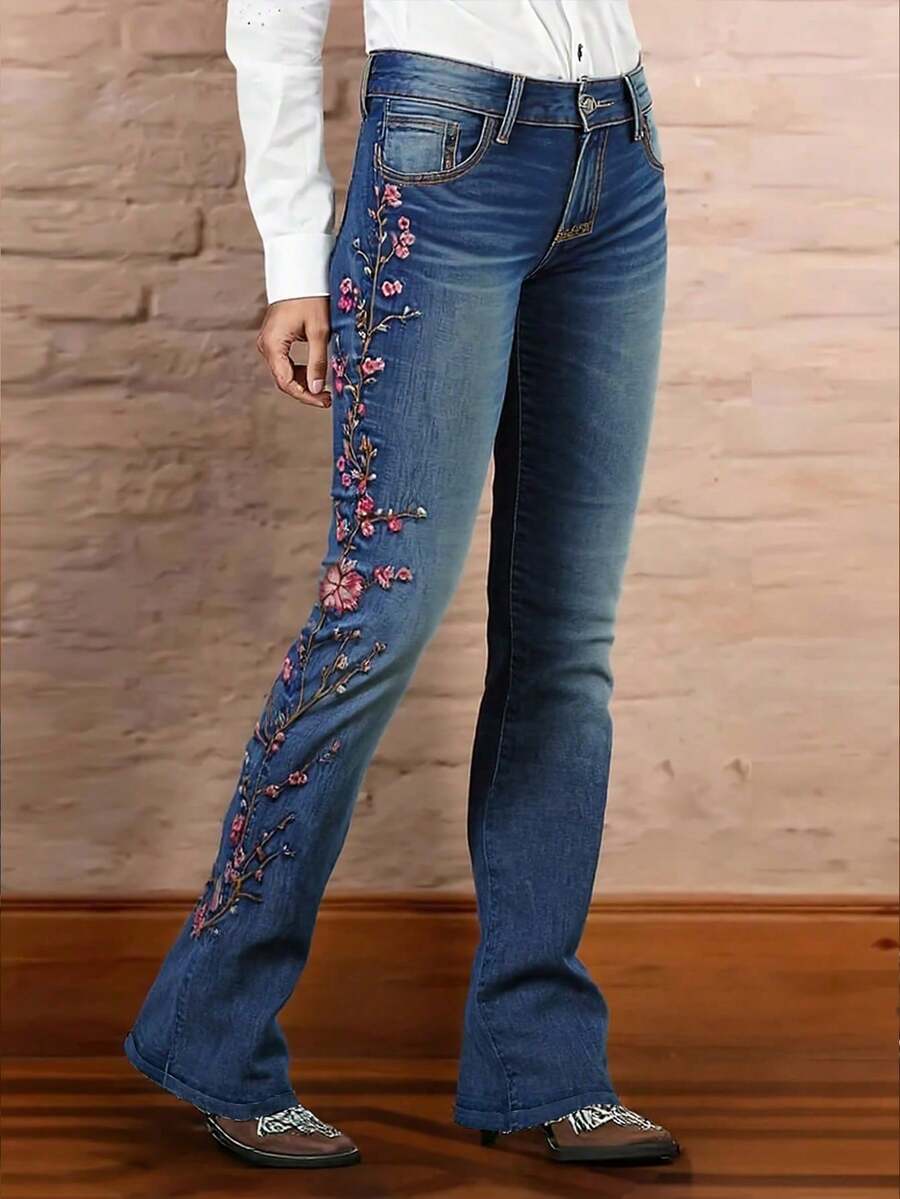 Women's Floral Embroidered Flared Boot Cut Jeans, Boho Vintage Denim Pants - 藍色 - 查看 1