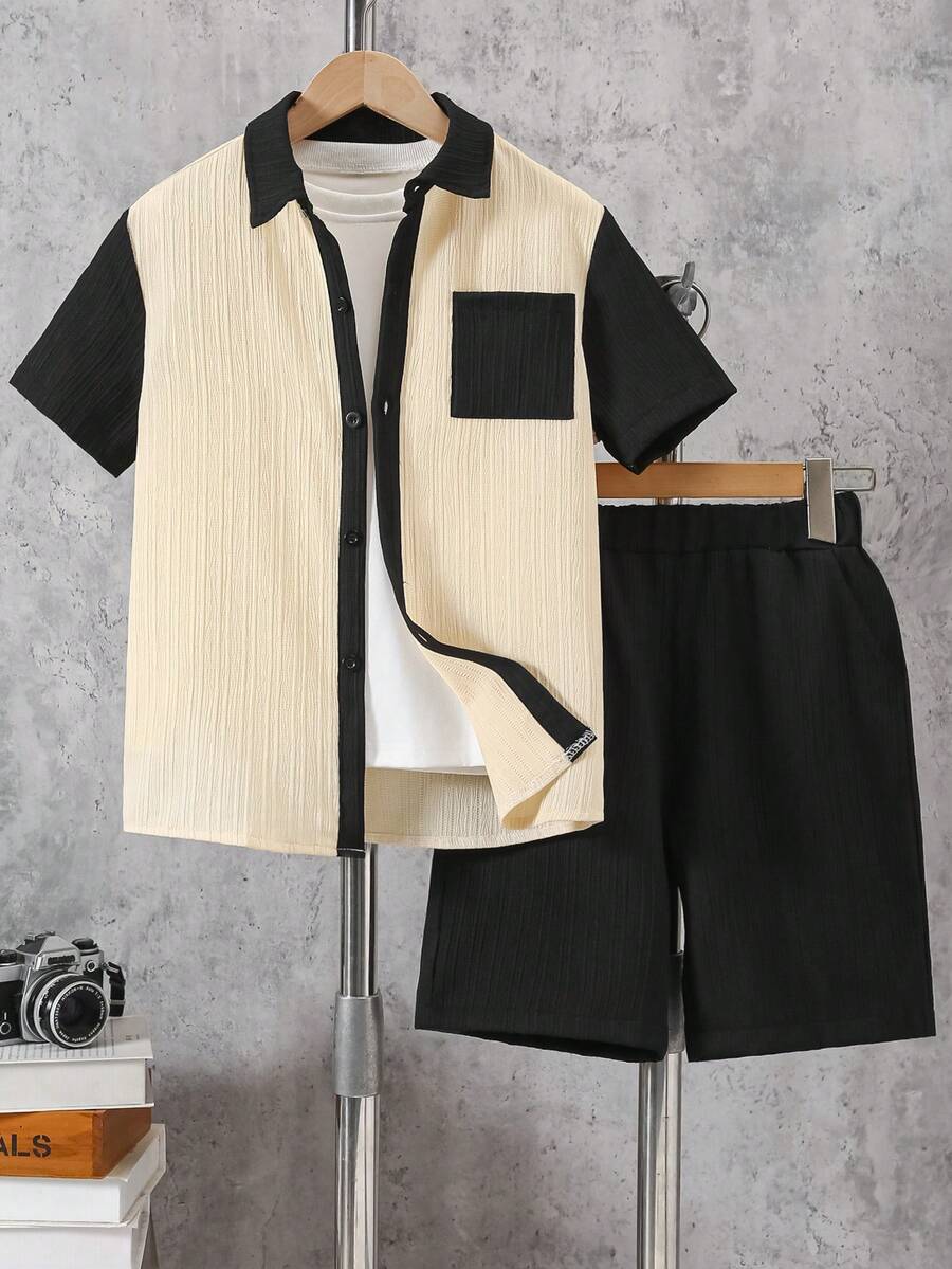 Bộ 2 món áo sơ mi ngắn tay nhăn và quần short cho bé trai, cổ áo phối màu tương phản, trang phục thường ngày cho bé 8-12 tuổi. - Nhiều màu - Xem 1