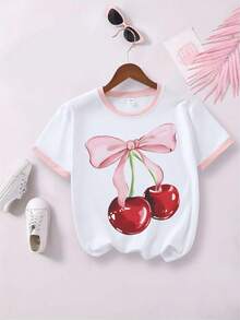 女童夏季两件套上衣和短裤，宽松短袖T恤，樱花蝴蝶结印花，上衣和喇叭裤两件套，休闲简约风格，适合夏季、居家、户外活动 - 粉色 - 查看 4