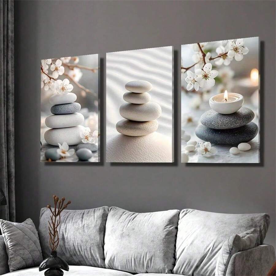 Tranh treo tường 1/3, Tranh nghệ thuật tối giản hiện đại, Hình ảnh đá xếp chồng và hoa anh đào, Tranh canvas treo tường, Quà tặng, Thích hợp cho phòng khách, phòng ngủ, phòng tắm, văn phòng, trang trí tường, nhà ở và ký túc xá, Có tùy chọn không khung/có khung - Nhiều màu - Xem 1