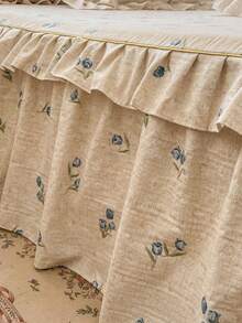 3pcs Linen Ruffle Bed Skirt Set (1pc Bed Skirt + 2pcs Pillowcases), Vintage Blue Rose Floral Print Bedding Set, Suitable For Double/Single Bed, All Season