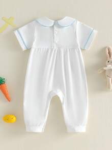 Infant Baby Boy Girl Easter Jumpsuit Blue Trim Cross Embroidery Short Sleeve Peter Pan Collar Romper Newborn Cute One Piece Bodysuit - 白色 - 查看 2