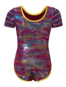 Girls' Camouflage Print Gymnastics Leotard, Children Short Sleeve One-Piece Snug Fit Jumpsuit - Coral Orange - View 3