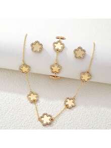 Bộ trang sức 4 món kiểu Ins-Style hình cỏ ba lá khảm vỏ sò nhiều màu sắc và đính đá rhinestone, mạ vàng (dây chuyền + vòng tay + bông tai), phụ kiện thời trang đa năng dùng hàng ngày. - bộ đồ - Xem 19