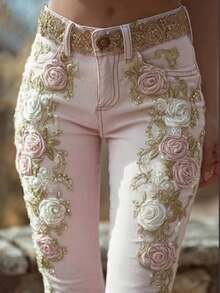 Jeans For Women  Winter Clothes For Women Pantalones De Mujer Pants Low Rise Jeans The Retro Pink Rose Embroidered Art Print Jeans Exude An Elegant Charm - Hồng - Xem 1