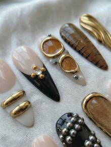 10 PCS Y2K Punk Handmade Long Almond Press On Nails, Cool Tiger Animal Print & Black White French With 3D Gold Chrome For Women Party, Removable Reusable Nail Set (Jelly Glue & Nail File Incl.) - Multicolor - View 3