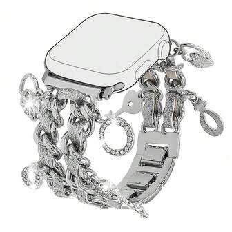 1 st. glänsande silverfärgat läderarmband med hjärtberlock, armband i zinklegering, storlek: 38/40/41/42/42/44/45/46/49 mm, kompatibel med Apple Watch Ultra 2/SE/10/9/8/7/6/5/4/3/2/1
