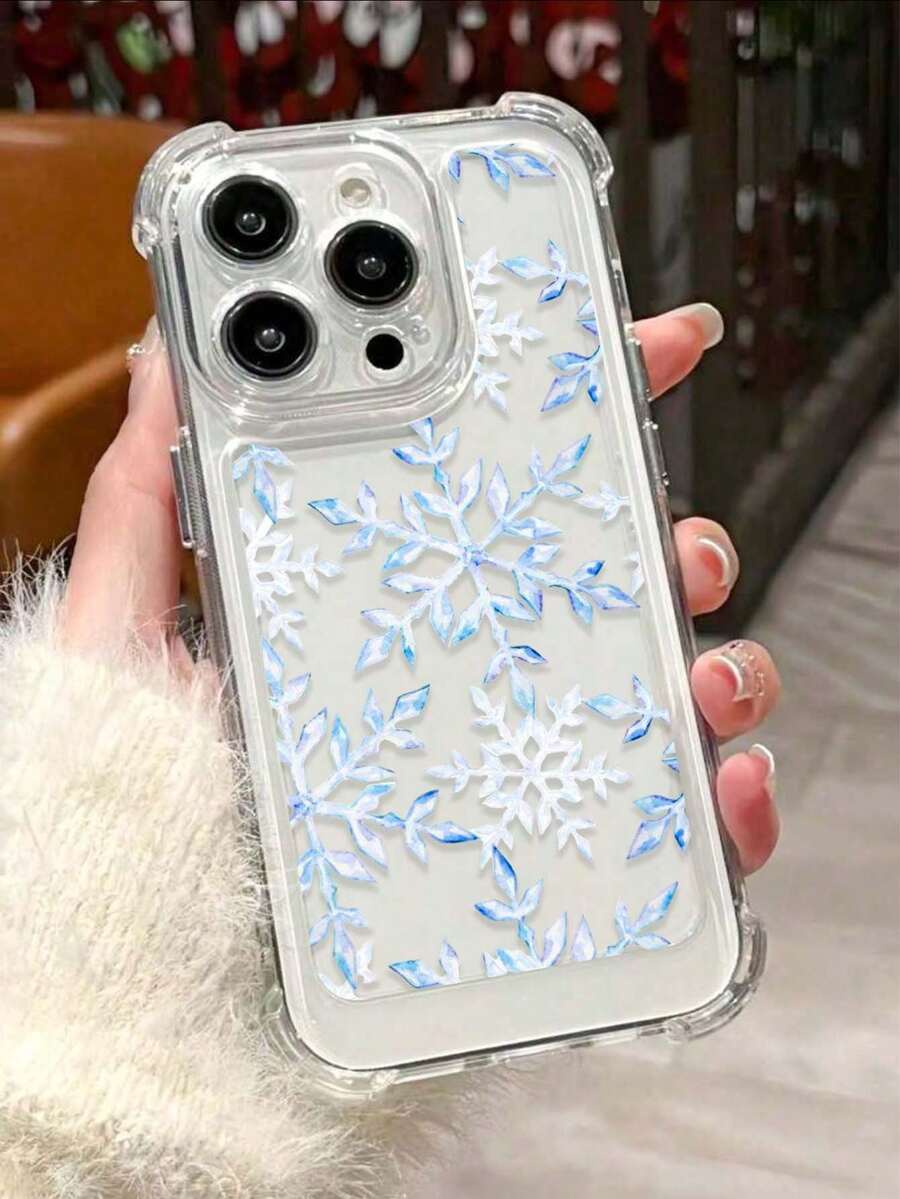 冰蓝色雪花印花气囊防摔手机壳，兼容苹果17/16 Pro Max、14/13、12、11 Pro Max、XS Max、X、XR、8、7、Plus、Mini，可作为生日礼物、送给女朋友、男朋友或自用 - 彩色 - 查看 1