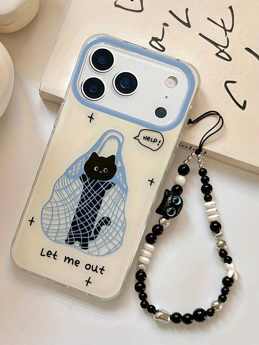 1个可爱有趣的黑猫包包 + 蓝眼睛猫咪串珠挂绳，兼容 17 Pro Max、17 Pro Air、16、15、14、13、12、11 Pro Max Plus，防指纹，完美的生日礼物 - 白色 - 查看 1