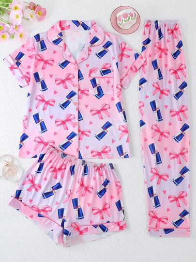 [Livanti Pajamas]3pcs Sets Women Sleepwear, Includes Short Sleeve Top With Heart Drink & Bow Pattern, Shorts And Long Pants, Lapel Button Short Sleeve, Comfortable Loose Fit, Suitable For All Seasons, Ideal For Home Wear, Valentine's Day Style