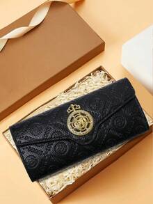 1pc Brown Contrast Color Metal Decor PU Clutch Wallet Fashionable & Versatile Suitable For Women Elegant Floral Wallet Purse Wallet Long Wallet Purses For Woman Wallet For Ladies Wallet - Black - View 2