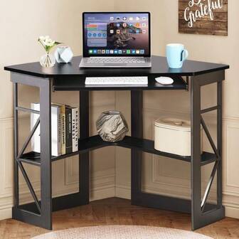 Home Office Table Corner Desk Laptop Computer  Table Keyboard Tray & BookShelf