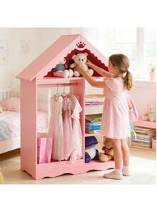 Pink And White Star-Printed MDF, Spray-Painted, 1 Mirror, 3-Tier Shelf, 1 Clothes Rod, Children's Wardrobe - Pink - View 2