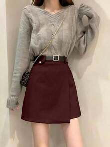 Falda midi de lana de corte asimétrico y cintura alta con diseño de línea A para mujer - Burdeos - Ver 5