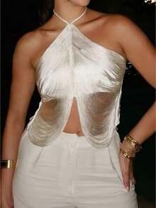 Women's Summer Halter Spaghetti Top Sleeveless Fashion Tie-Up Backless Vest Beach Club Party Outfit - 白色 - 查看 1