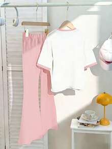 女童夏季两件套上衣和短裤，宽松短袖T恤，樱花蝴蝶结印花，上衣和喇叭裤两件套，休闲简约风格，适合夏季、居家、户外活动 - 粉色 - 查看 5