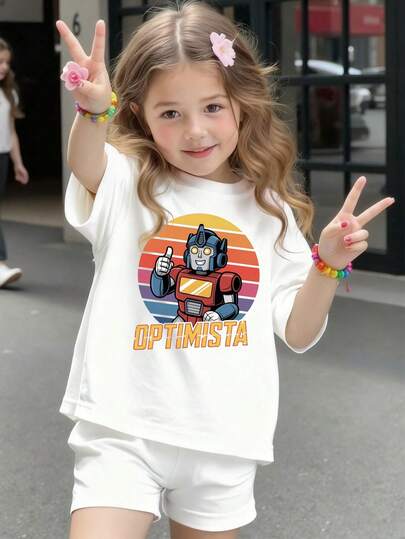 This Casual Set Designed For Young Girls Features A Unique Robot Print, Including A Short Sleeve Round Neck T-Shirt, Very Suitable For Summer Wear.