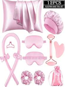 12pcs Sleep Hair Styling Tool Set, Includes Curling Iron And Face Massager, 1 Pillowcase, Suitable For Beige Queen Suite, No Heat Needed For Curling, Night Curling Device, 1 Sleep Eye Mask, Ladies Face Massage Roller, Hair Styling, Hair Care Products, Curling Products, Hair Accessories, Hair Care Set, Hair Tool Kit, Hair Care Towel, Suitable For Salon, Hotel, Gym, Home Goods, Towel, Dry Hair Towel