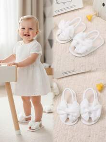 1 Pair White Soft & Comfortable Mesh + Fabric Bow Decor Infant/Toddler Girls Indoor Flat Sandals, Classic Elastic Back Design, Round Toe, Non-Slip Soft Sole, Suitable For 0-2 Years Old, Spring/Summer - White - View 2