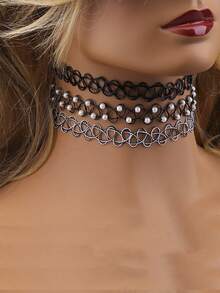 3件套女士珍珠黑白鱼骨图案纹身颈链，弹力镂空哥特式颈链 - 彩色 - 查看 4