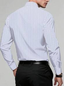 男士棉混纺牛津布竖条纹奢华休闲抗皱长袖衬衫，春秋季 - 灰色 - 查看 3