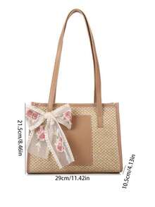 2022 New Straw Large Capacity Handbag For Women, Fashionable Tote Bag With Scarf, Shoulder Bag For Spring - Beige - View 4