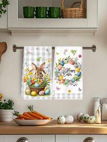 2 buc prosoape de bucătărie cu iepurași de Paște, 40 * 48 cm ouă de Paște și lavete de vase cu model floral, prosoape de mână moi și absorbante din microfibră, decor de bucătărie cu mesajul "Paște fericit 2026", decor de masă, decor de casă, cadou de casă nouă, decorațiune de primăvară și sărbători - Multicolor - Vizualizare 8