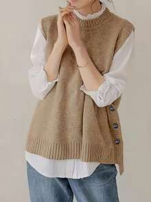 纯色绞花针织背心，休闲无袖圆领开衩下摆上衣，女装 - 卡其色 - 查看 2