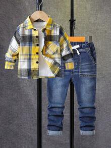 男童时尚秋季套装（2件套）：经典格子衬衫和舒适休闲牛仔裤 - 黃色 - 查看 1