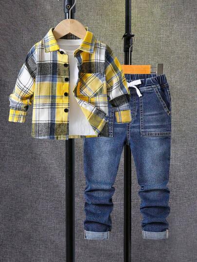 2pcs/Set Boys' Fashionable Autumn Outfit: Classic Plaid Shirt & Comfortable Casual Denim Pants