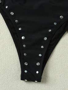 女士黑色无肩带金属铆钉高腰性感连体泳衣，时尚海滩度假泳装，适合2026年春夏，完美适用于海滩旅行、夏季度假、生日装扮、健身、优雅晚装和日常外出。 - 黑色 - 查看 5