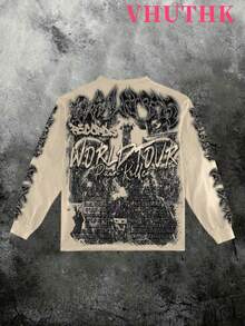 VHUTHK (250g Pure Polyester Round Neck Pullover Sweater) <Records: Guitar Portrait> Double Sided Digital Printing, Filament Effect  Y2K Men's Round Neck Sweater In Autumn And Winter. - 杏色 - 查看 1