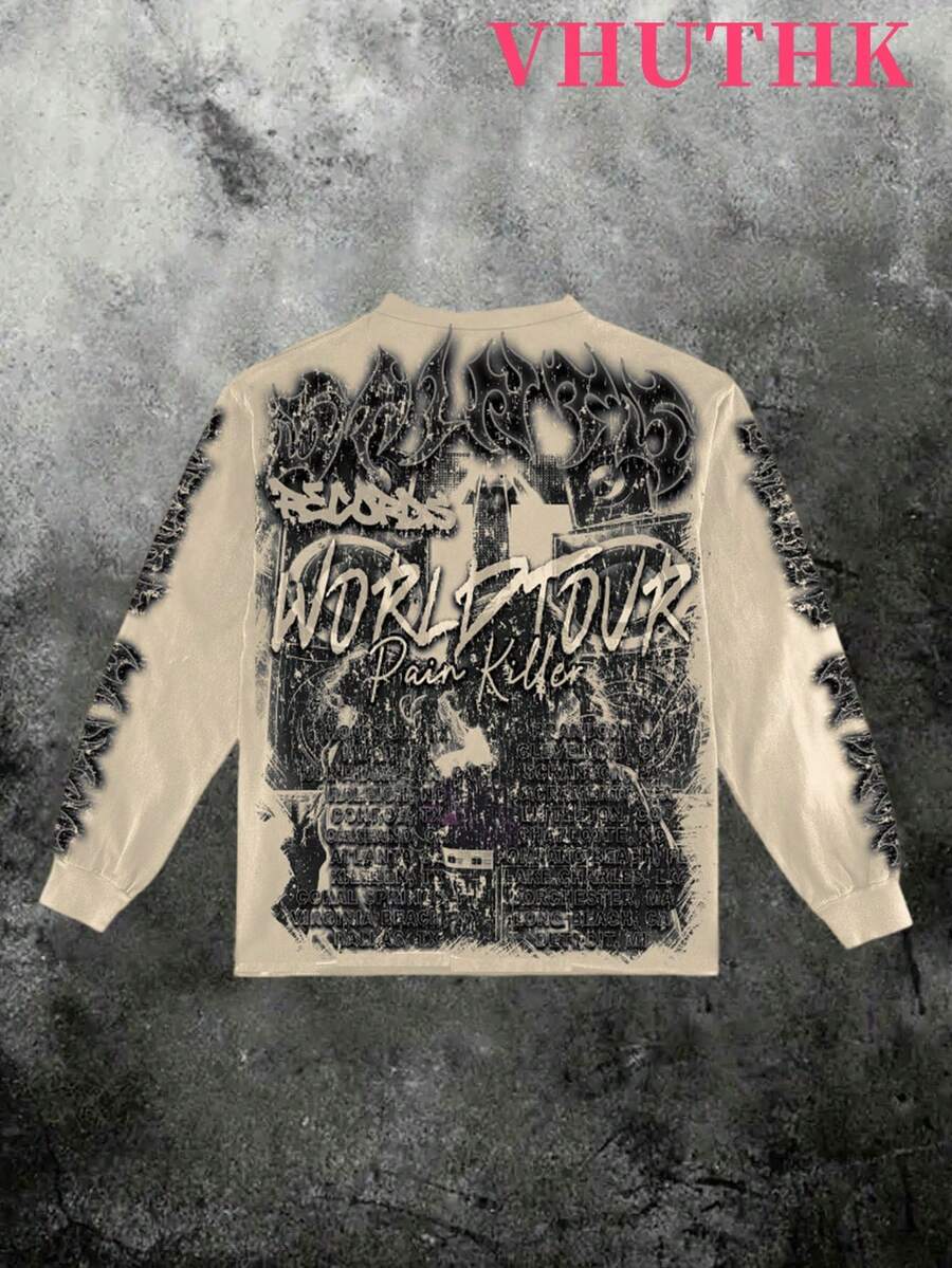 VHUTHK (250g Pure Polyester Round Neck Pullover Sweater) <Records: Guitar Portrait> Double Sided Digital Printing, Filament Effect Y2K Men's Round Neck Sweater In Autumn And Winter. - 杏色 - 查看 1