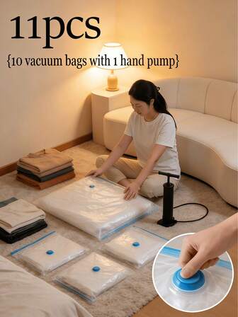 11 Pcs/Set, Including 10 Transparent Vacuum Compression Storage Bags And 1 Manual Air Pump. Suitable For Bedroom Storage, Space-Saving, Airtight Storage Bags For Clothing, Bedding, Pillows, Plush Toys, Quilts, Blankets, Kitchenware, Scarves, Shoes, Travel Accessories, Etc. Space-Saving, Dustproof And Airtight, Ideal For Home Storage And Moving Organization.