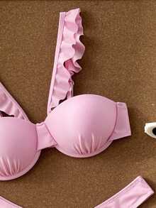 女士粉色露背荷叶边比基尼上衣搭配同款低腰裤和裙子套装 - 粉色 - 查看 5
